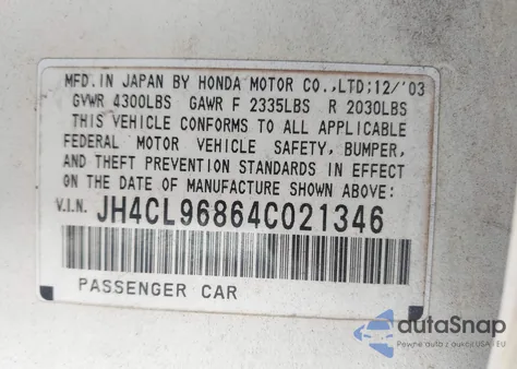 2004 Acura Tsx from USA, damaged, VIN JH4CL96864C021346